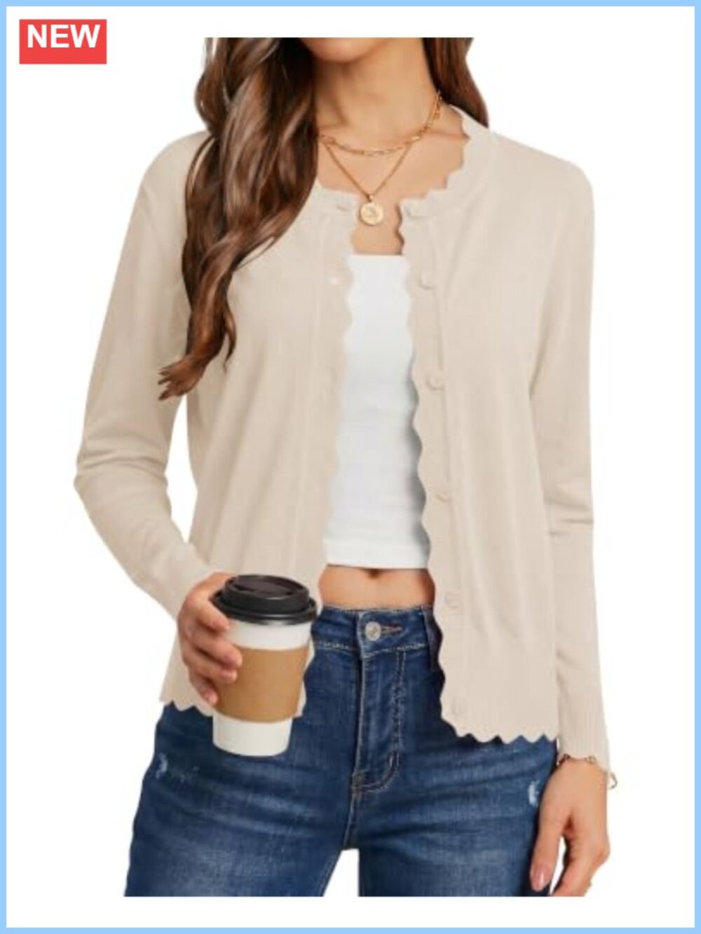 Womens Lightweight Button Down Cardigan Sweater with Scalloped Trim